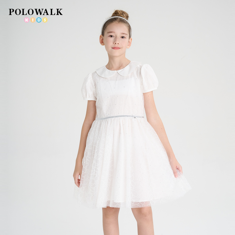 POLOWALK童装2024新品夏季短袖连衣裙女童裙子娃娃领白色纱裙