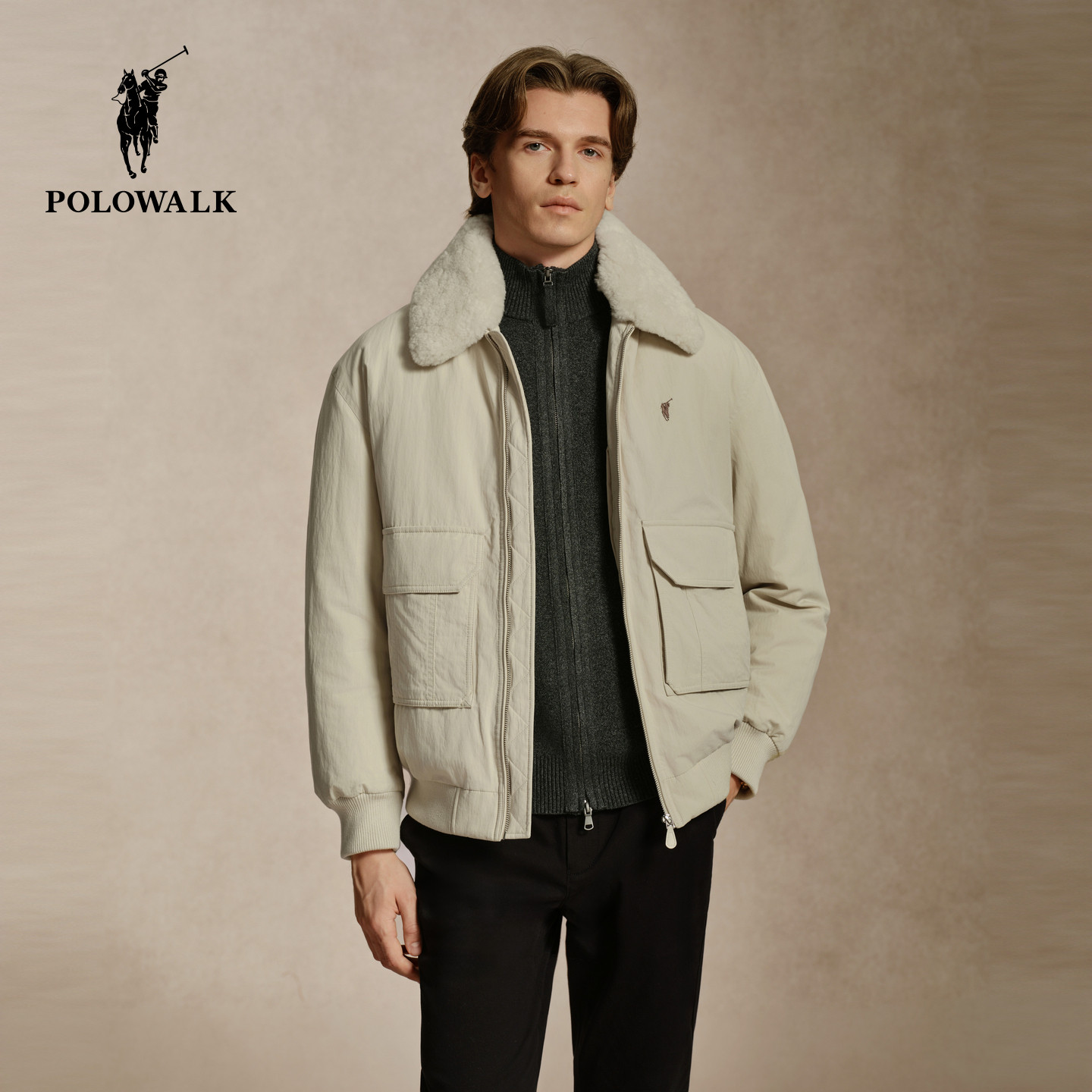 【90鸭绒】POLOWALK男式羽绒服2026冬季翻领夹克短款拉链保暖外套