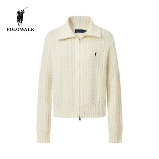 【100%绵羊毛】POLOWALK女式羊毛衫2025冬季新品翻领绞花拉链开衫