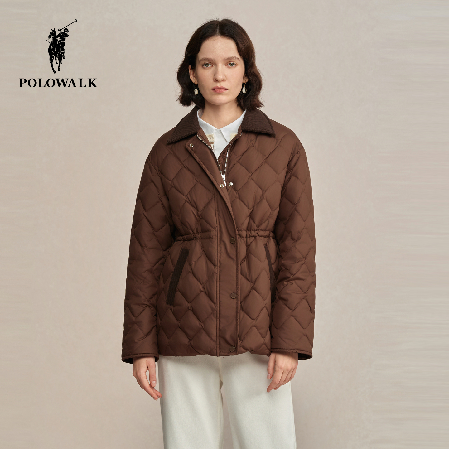 POLOWALK女式羽绒服2025冬季新品复古翻领收腰显瘦90鸭绒保暖外套