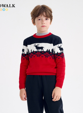 POLOWALK童装毛衣男秋冬新款儿童毛衫卡通圆领新年红色打底衫
