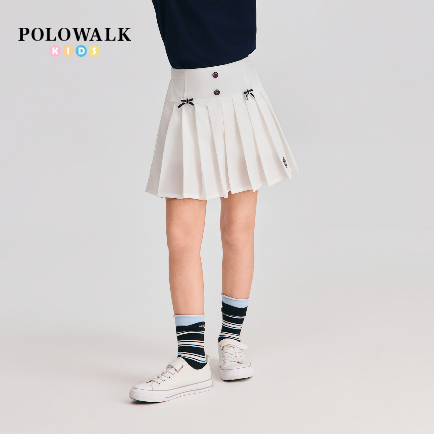 POLOWALK童装女童半裙2026夏季新品时尚撞色蝴蝶结洋气百褶半身裙