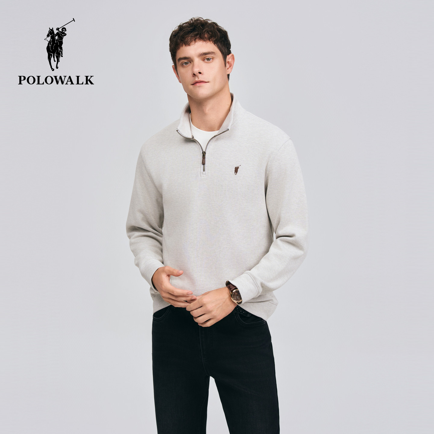 【100%棉】POLOWALK男式卫衣2026春季新品简约百搭立领套头上衣