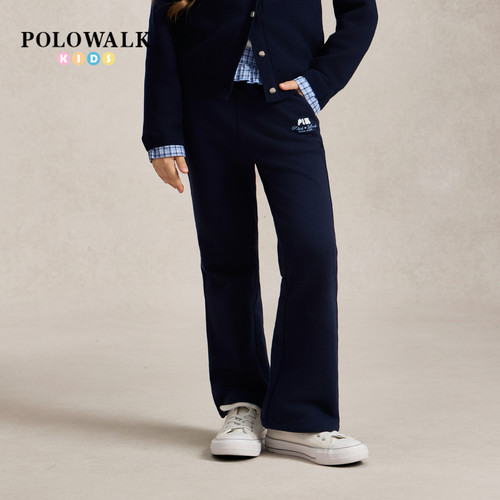 POLOWALK女童卫裤2026秋季新品格纹拼接时尚喇叭裤松紧腰长裤