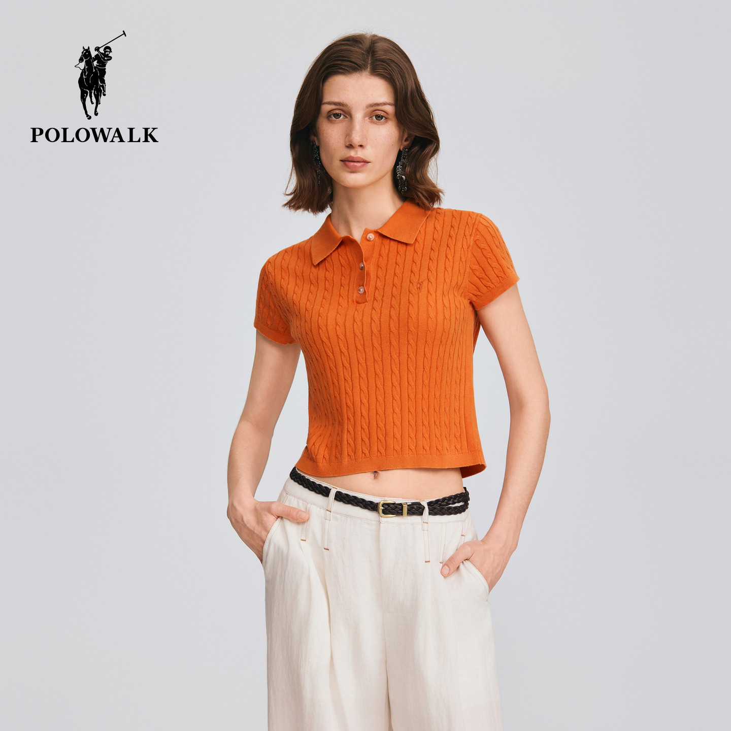 POLOWALK女式短袖针织衫2026夏季新品修身显瘦绞花翻领套头针织衫