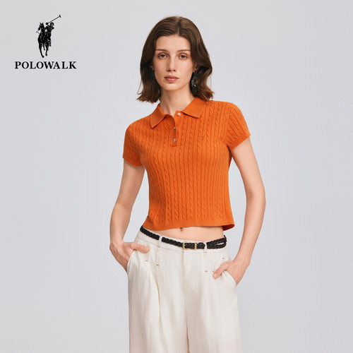 [特惠]POLOWALK女式短袖针织衫修身显瘦绞花翻领套头针织衫