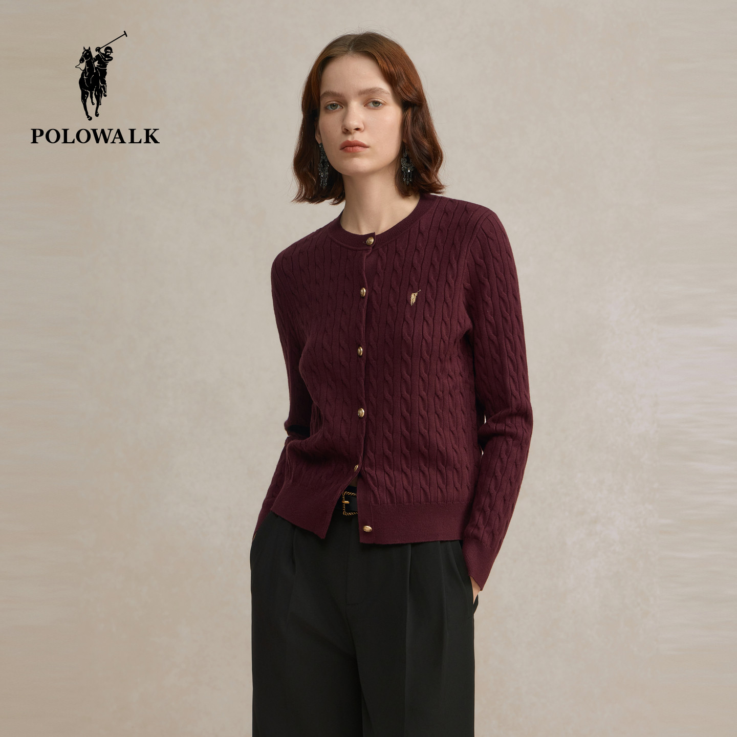 POLOWALK女士长袖针织衫2025秋季新品时尚绞花通勤显瘦圆领针织衫