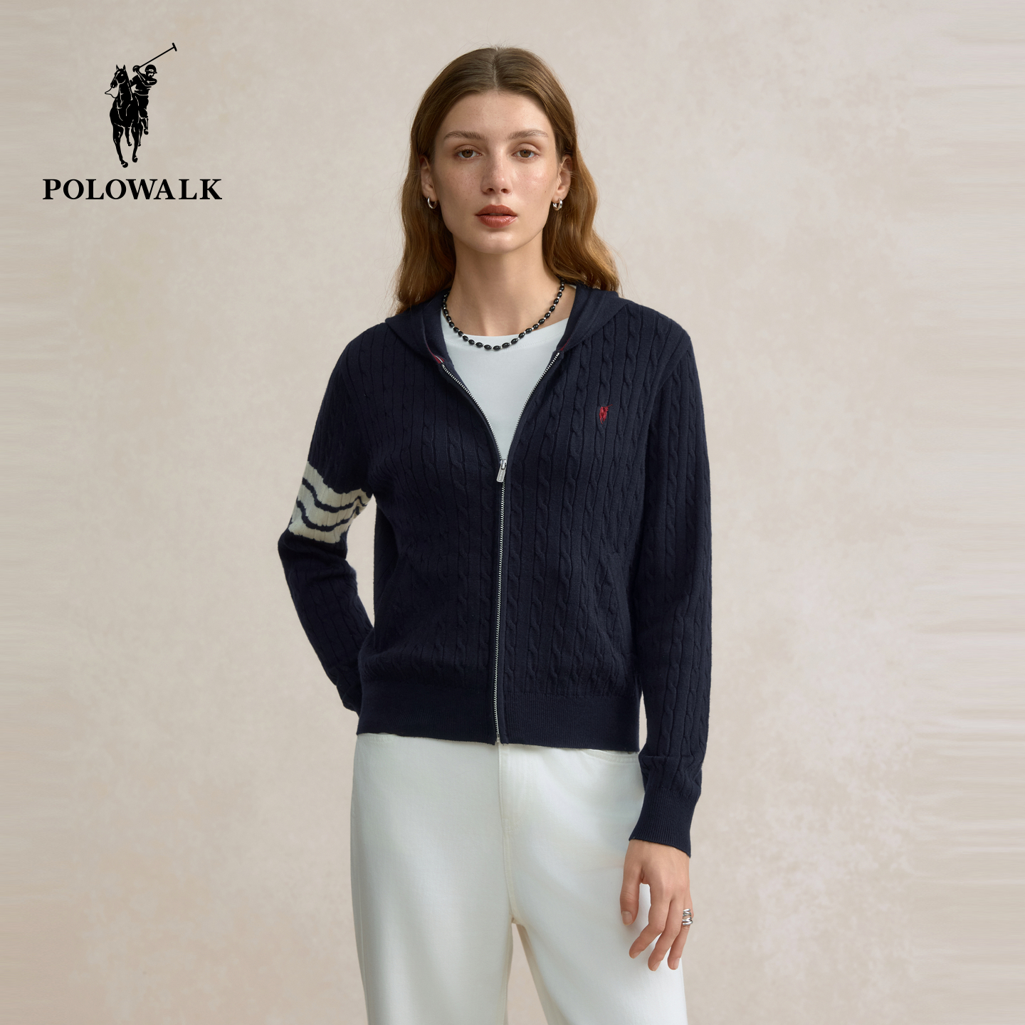 【含绵羊毛】POLOWALK长袖针织衫女2025秋季新品绞花修身连帽外套
