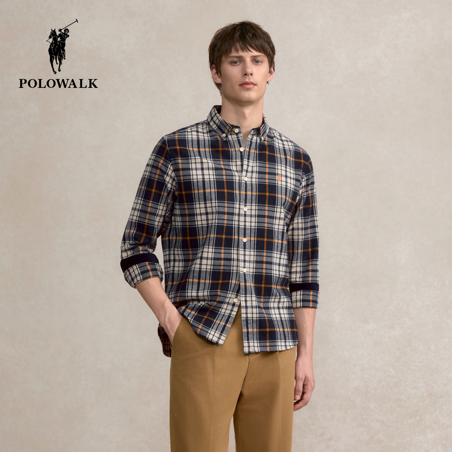 【100%纯棉】POLOWALK男式长袖衬衫2025秋季新品格纹商务休闲衬衣