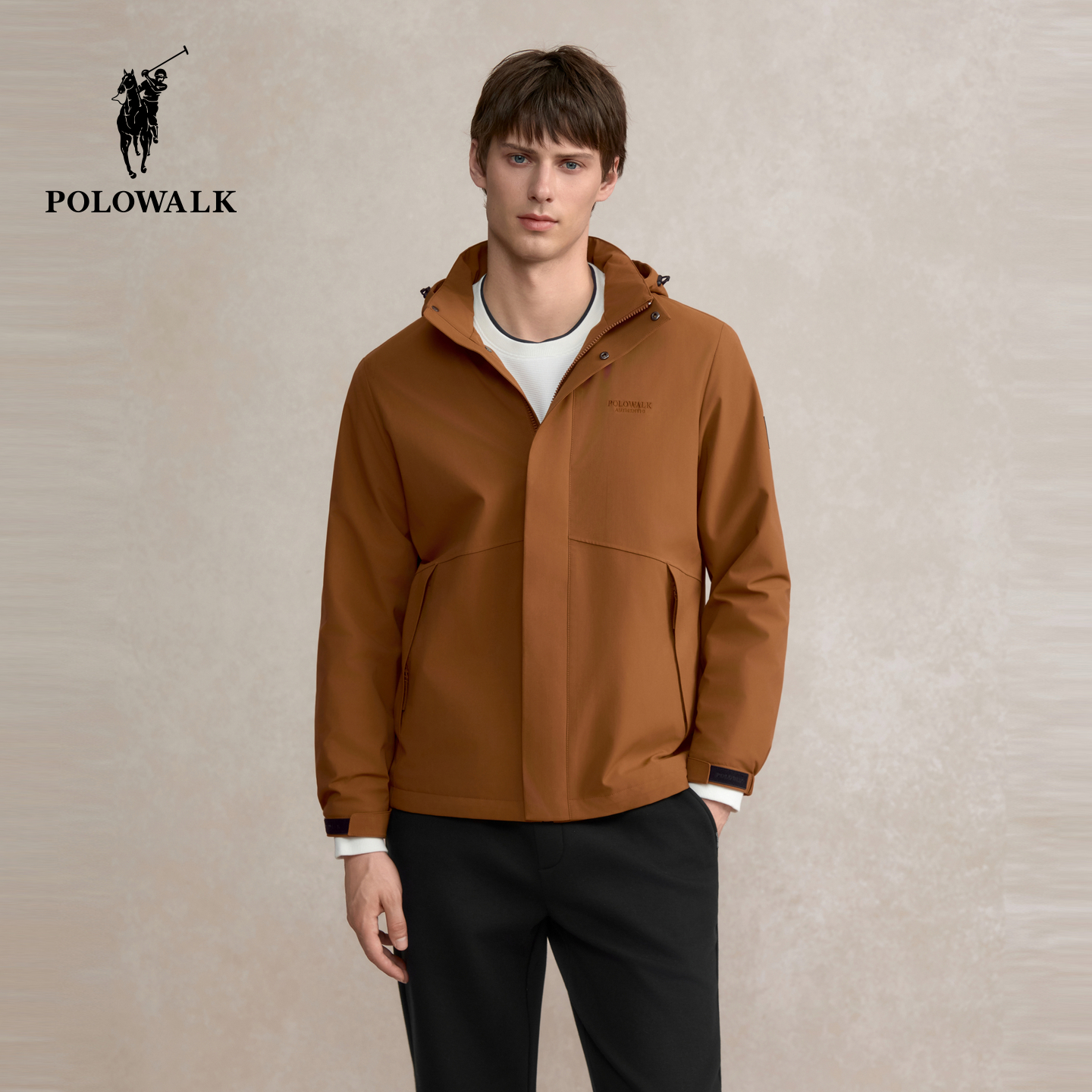 POLOWALK男式夹克2025冬季新品简约户外通勤连帽加绒夹克男装外套