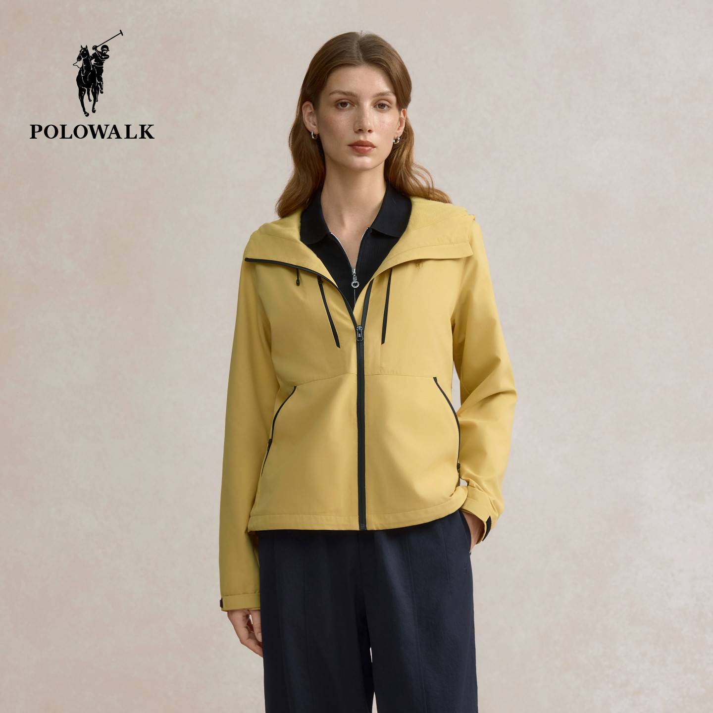 POLOWALK女式外套2025秋季新品简约连帽休闲夹克百搭撞色