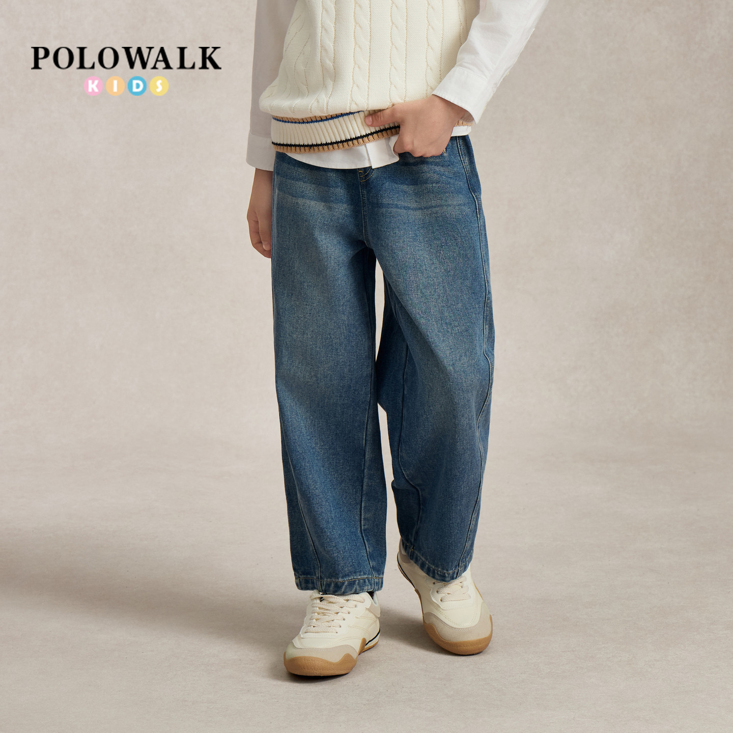 POLOWALK童装男童牛仔裤2026秋季新品小马刺绣时尚松紧腰束脚长裤图片