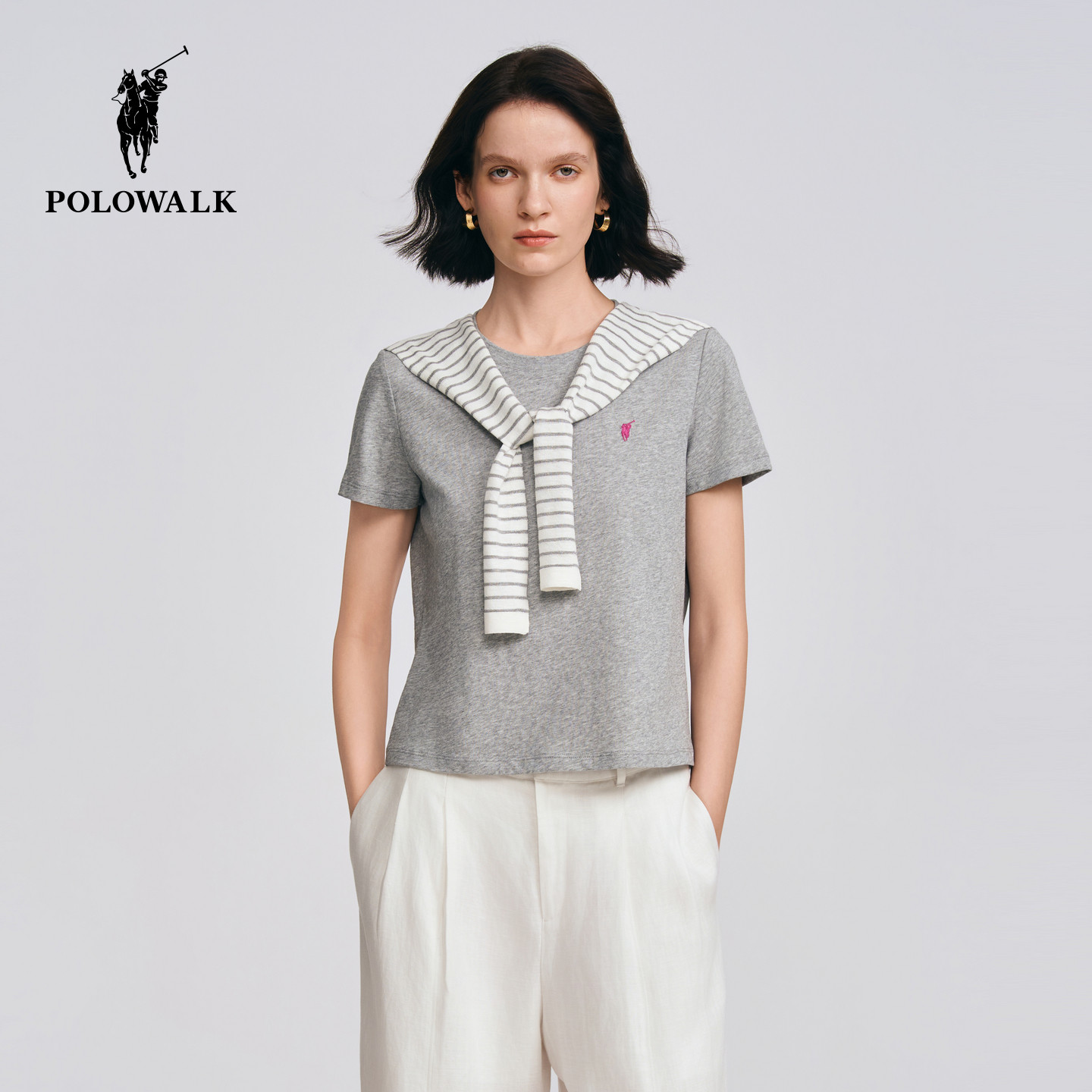 POLOWALK女式短袖2026夏季新品经典圆领慵懒休闲条纹披肩