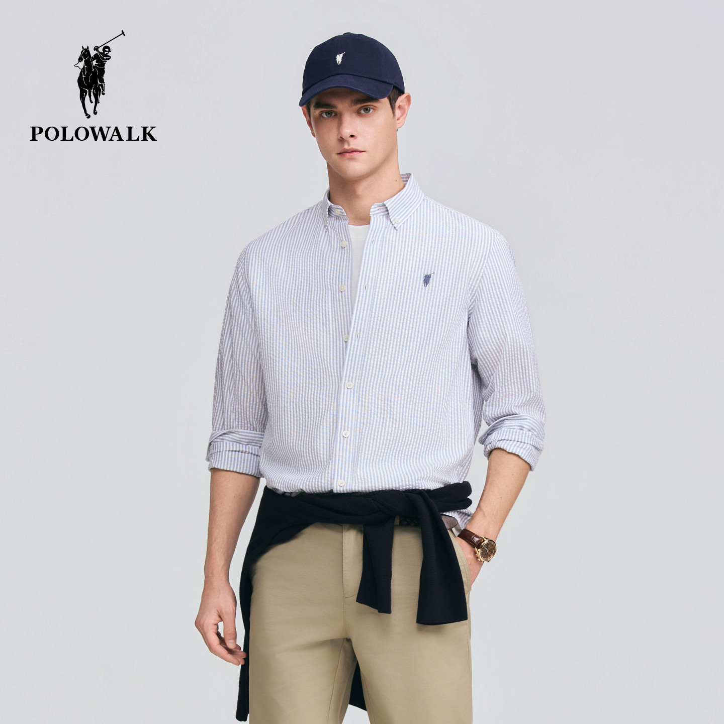 【100%棉】POLOWALK男式长袖衬衫2026春季新品条纹休闲长袖衬衫
