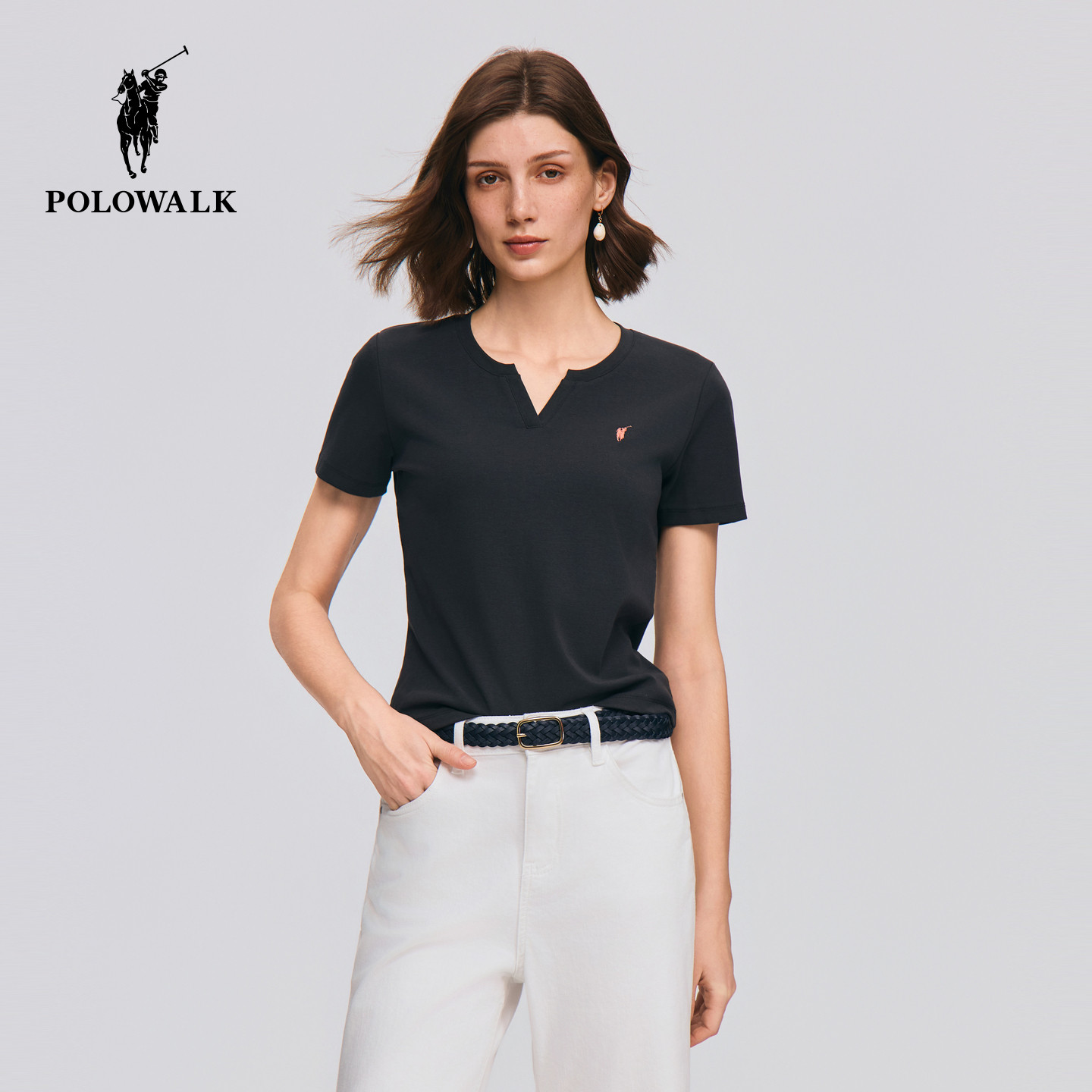 POLOWALK女式短袖2026夏季新品百搭休闲经典小v开口直筒短袖T恤