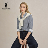 100%棉 2026春季 POLOWALK女式 长袖 衬衫 新品 文艺条纹翻领衬衣女