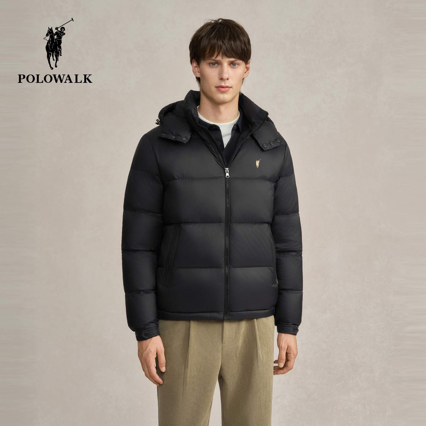 POLOWALK男式羽绒服2025冬季新品简约厚款90鸭绒立领连帽保暖外套
