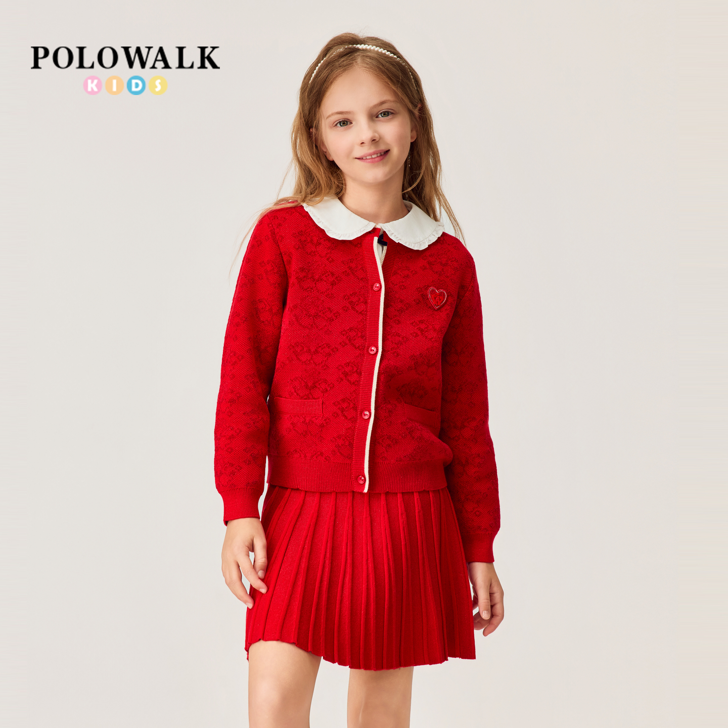 【新年款】POLOWALK童装女童长袖套装2026新品红色长袖百褶裙套装