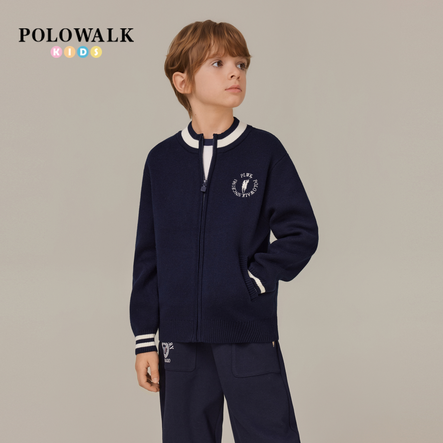 POLOWALK童装男童针织衫2025新品时尚刺绣外套圆领休闲男童针织衫