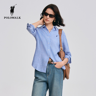 POLOWALK女式衬衫2026春季新品亚麻混纺条纹翻领休闲通勤长袖衬衫
