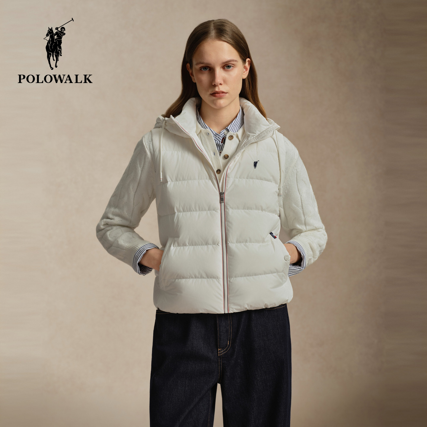 POLOWALK女式羽绒马夹2026冬季新品90鸭绒撞色连帽厚款羽绒背心