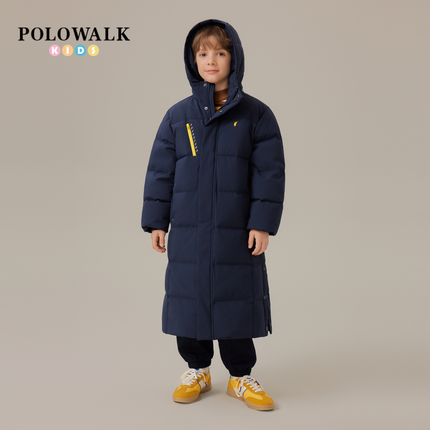 POLOWALK童装男童羽绒服2025冬季新品时尚撞色长款羽绒90鸭绒外套