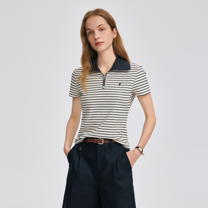 POLOWALK女装夏季新品女式短袖POLO衫简约条纹翻领短袖t恤女