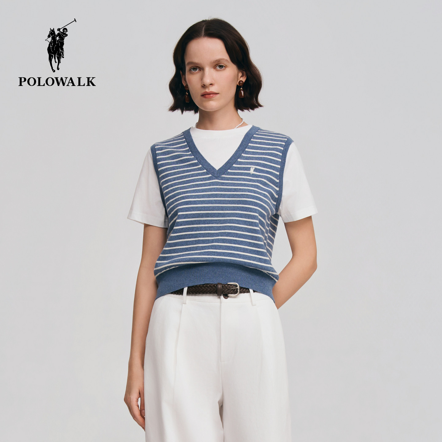 POLOWALK女式短袖针织衫2026春季新品假两件拼接圆V领条纹上衣