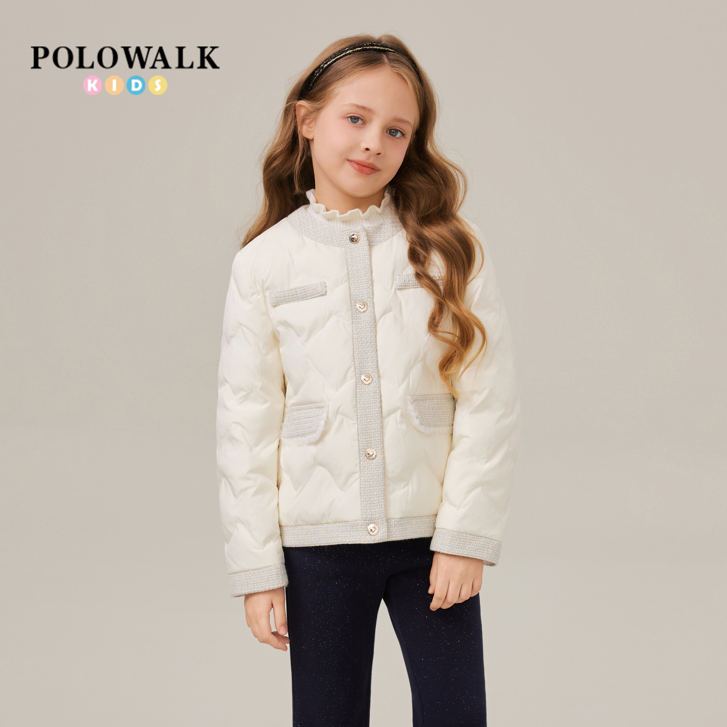 POLOWALK童装女童棉服2025秋冬新品简约菱格小香风大童棉服外套