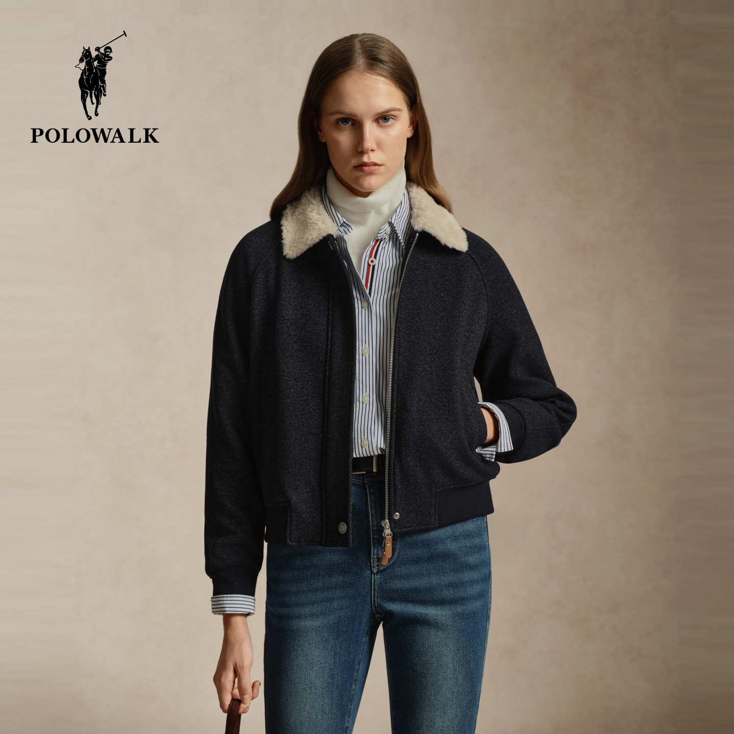 POLOWALK女式卫衣棉服2026秋季新品翻领简约显瘦拉链短款外套