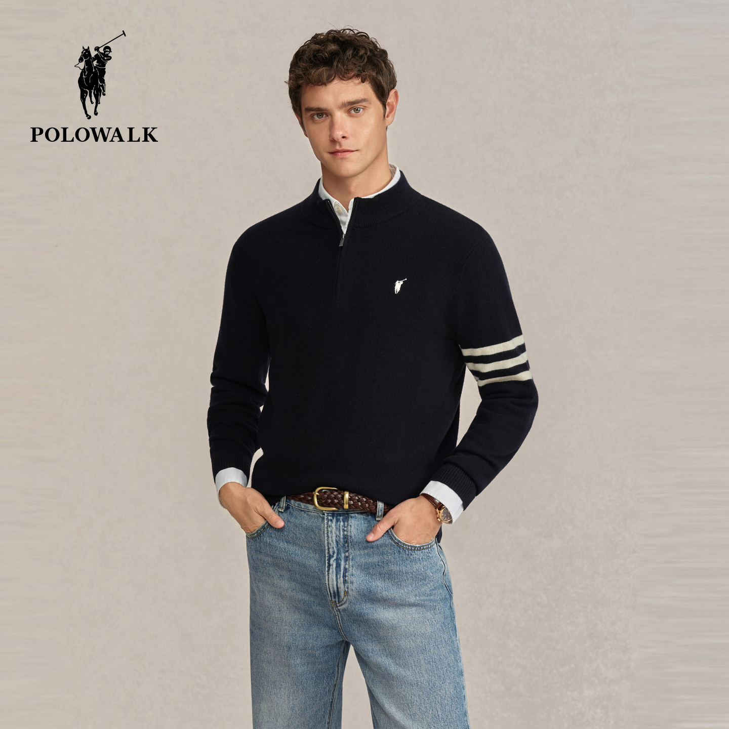 【100%绵羊毛】POLOWALK男装2025冬季新品条纹撞色设计男式羊毛衫