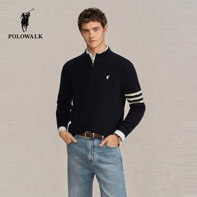 【100%绵羊毛】POLOWALK男装2025冬季新品条纹撞色设计男式羊毛衫
