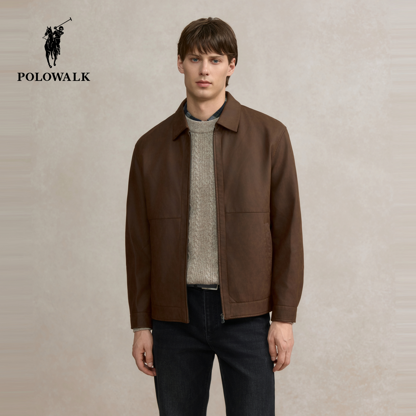 POLOWALK男式皮衣2025秋季新品商务绅士通勤复古男装立领皮外套