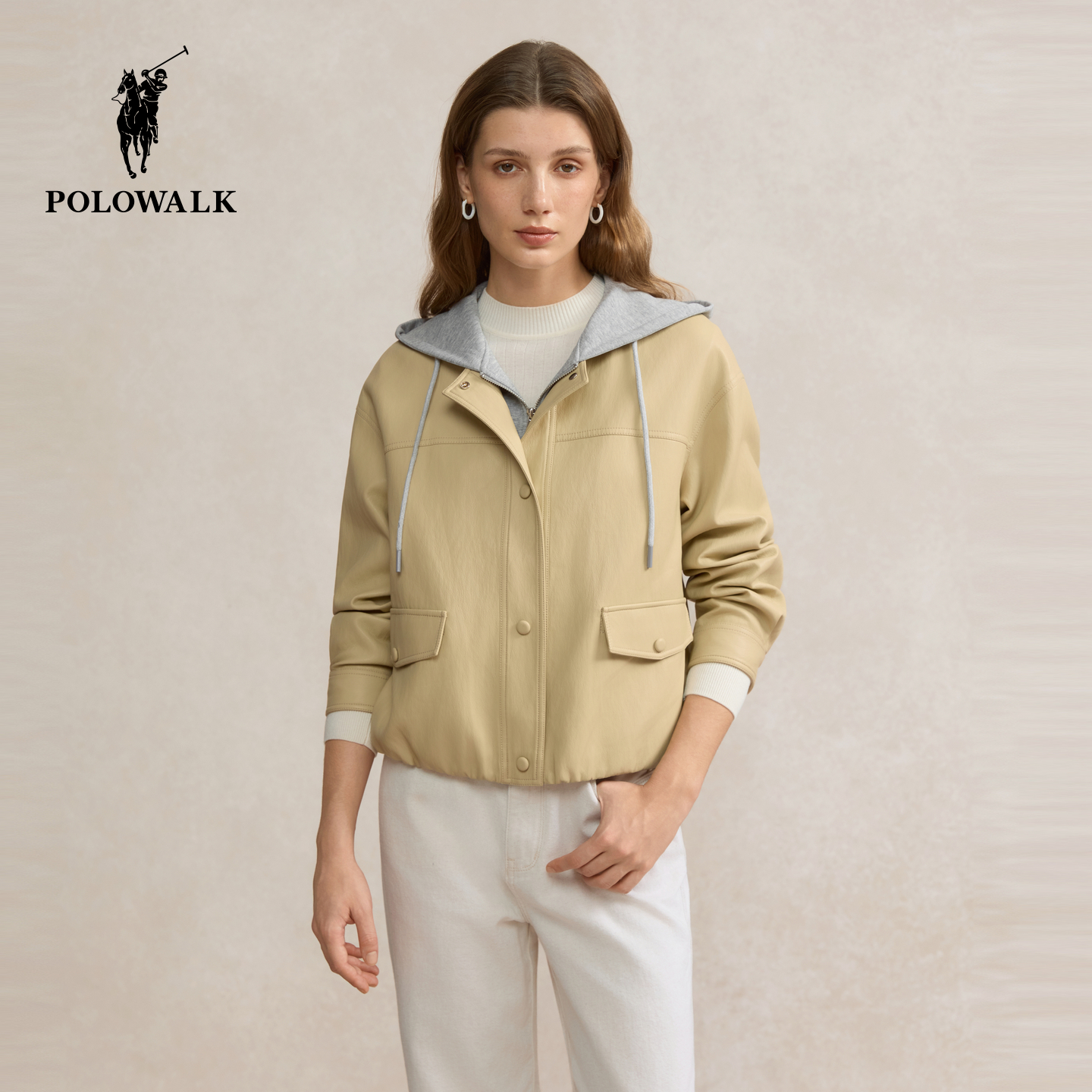 POLOWALK女式外套2025秋季新品撞色拼接休闲假两件皮质女装上衣