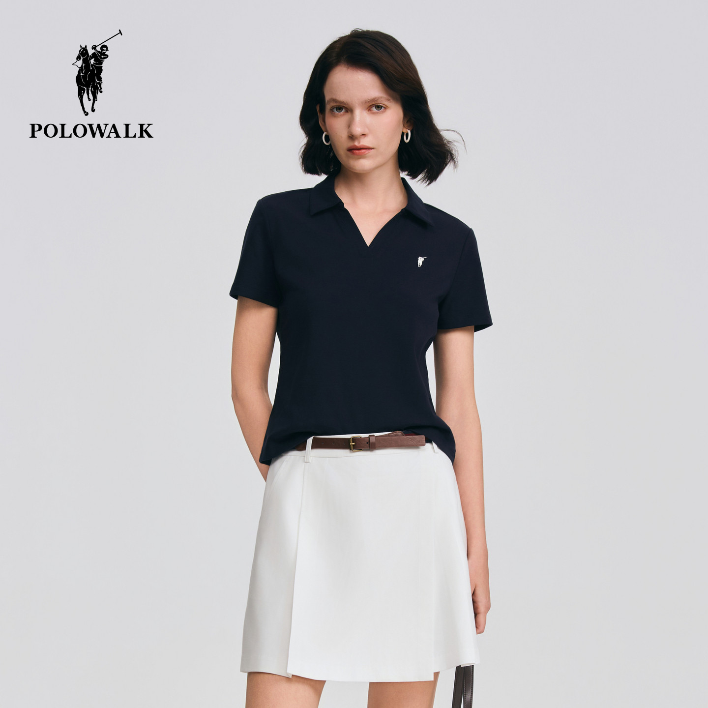 POLOWALK女式短袖2026春季新品简约V领显瘦休闲百搭短袖POLO衫