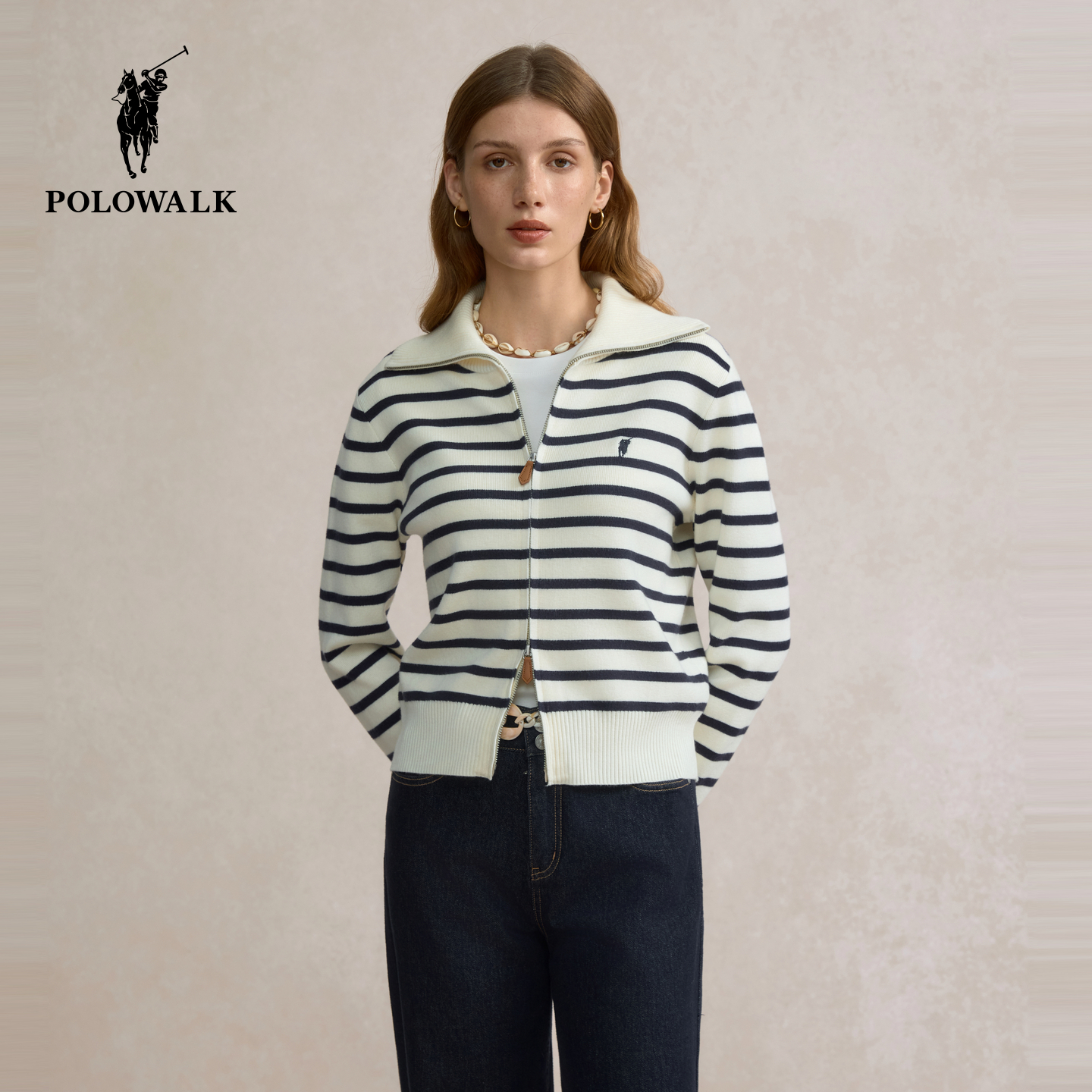 【含绵羊毛】POLOWALK女士polo领开衫秋冬新款条纹针织衫薄款外套