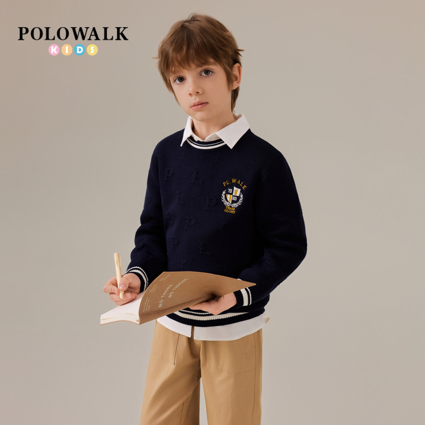POLOWALK童装男童针织衫2025秋季新品时尚学院风圆领男童针织开衫