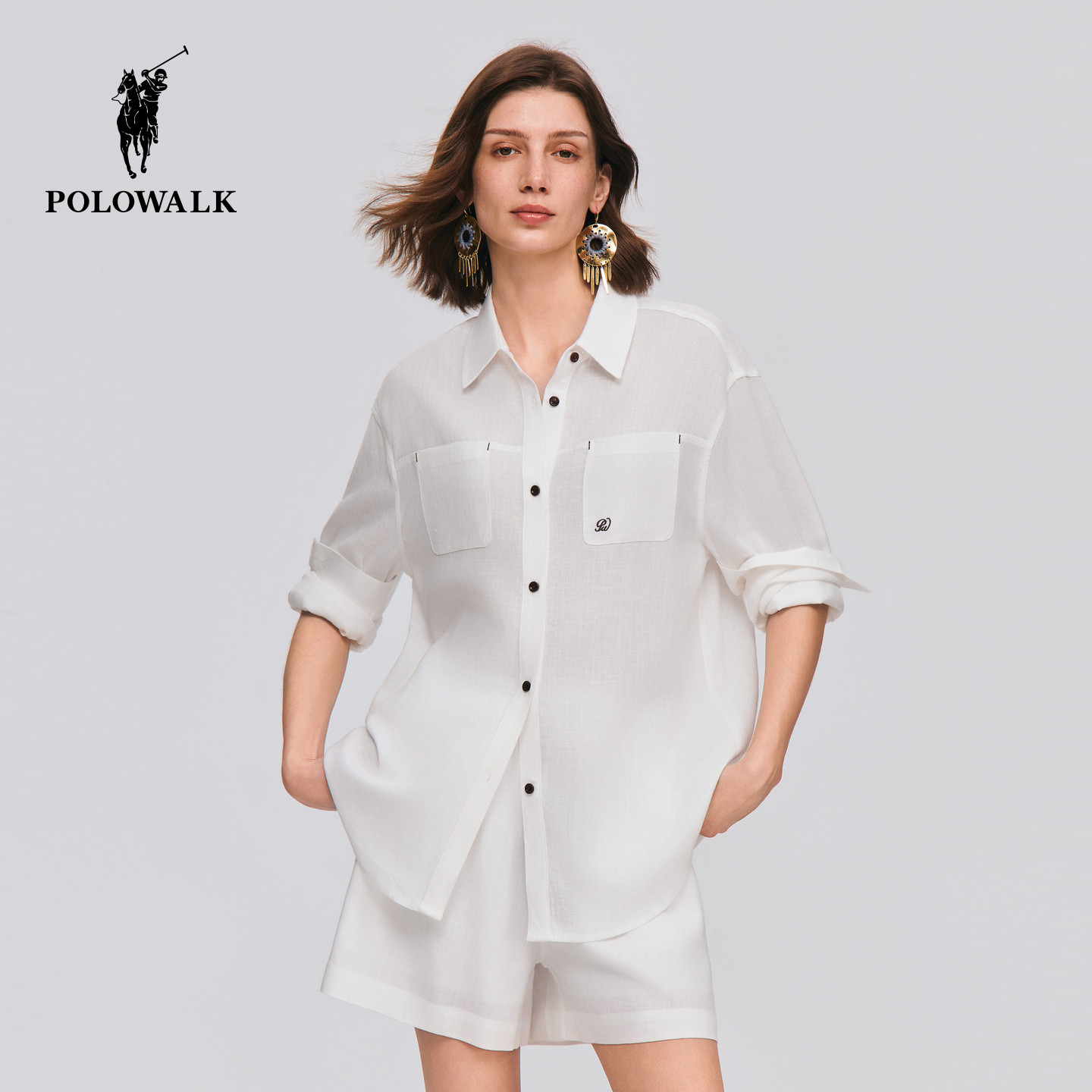 【套装】POLOWALK女式长袖衬衫2026春季新品简约百搭衬衫短裤套装