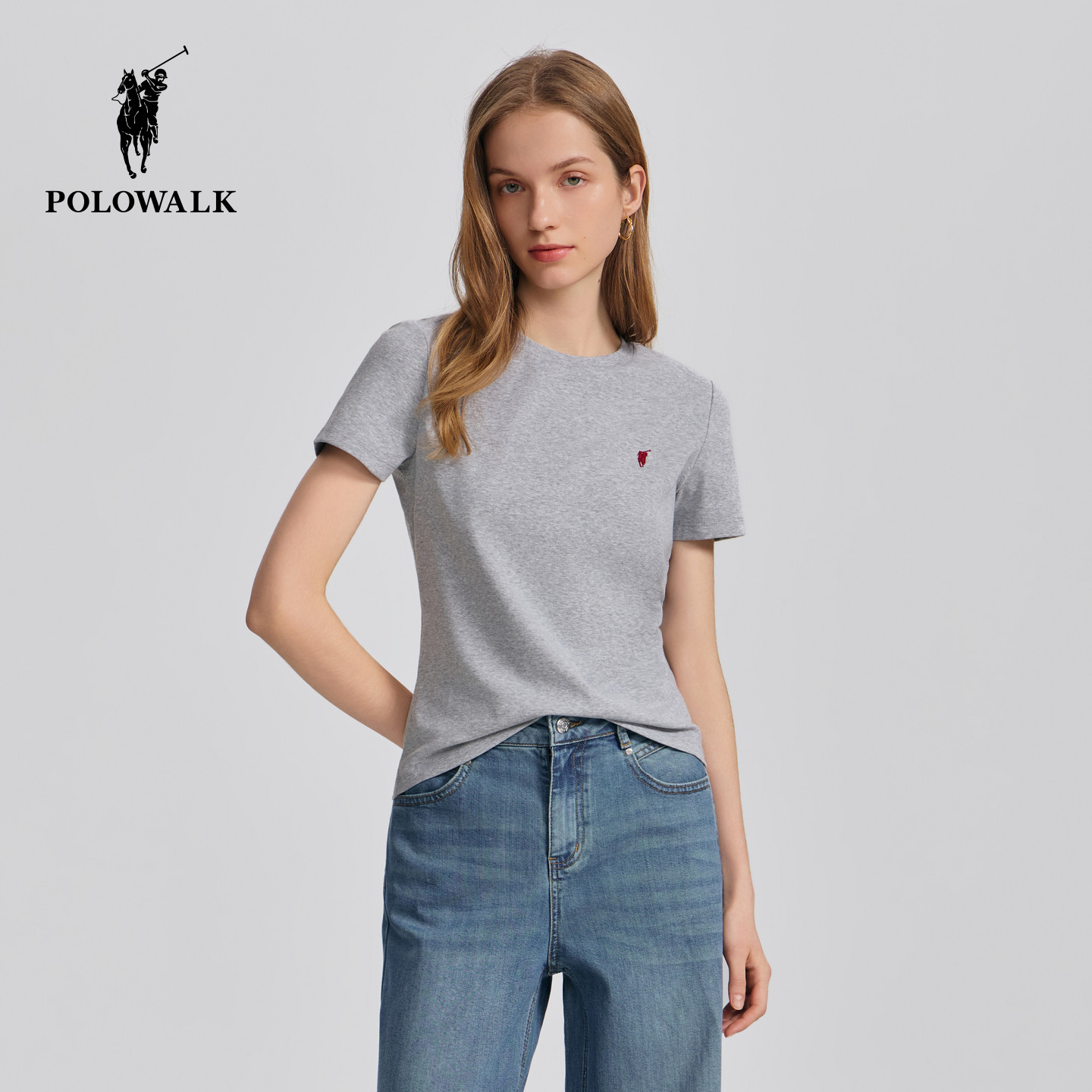 POLOWALK女式短袖圆领T恤夏季新品套头半袖修身百搭圆领T恤上衣