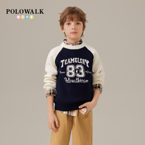 POLOWALK童装男童针织衫2026秋季新品时尚撞色圆领男童针织开衫