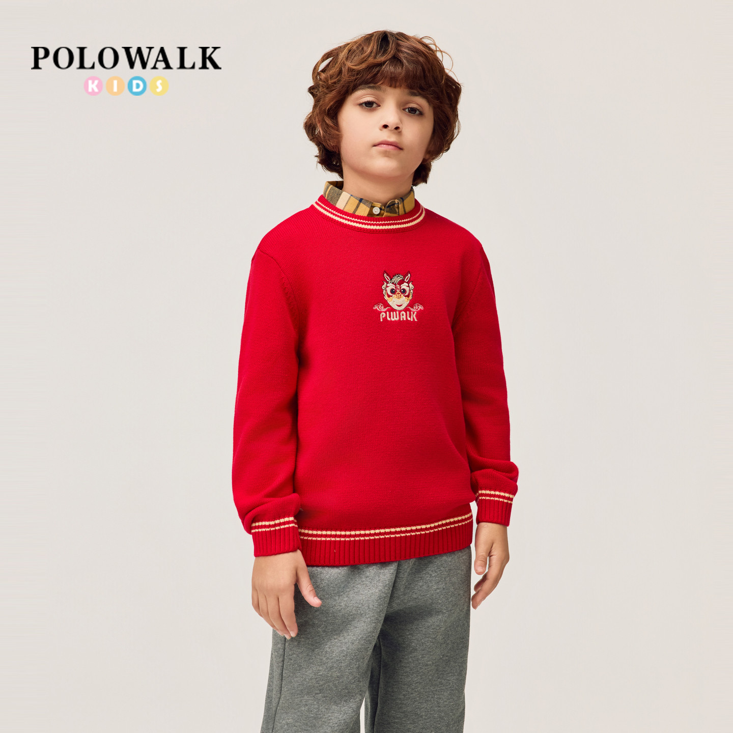【新年款】POLOWALK童装男童针织衫2026新品卡通刺绣红色针织衫