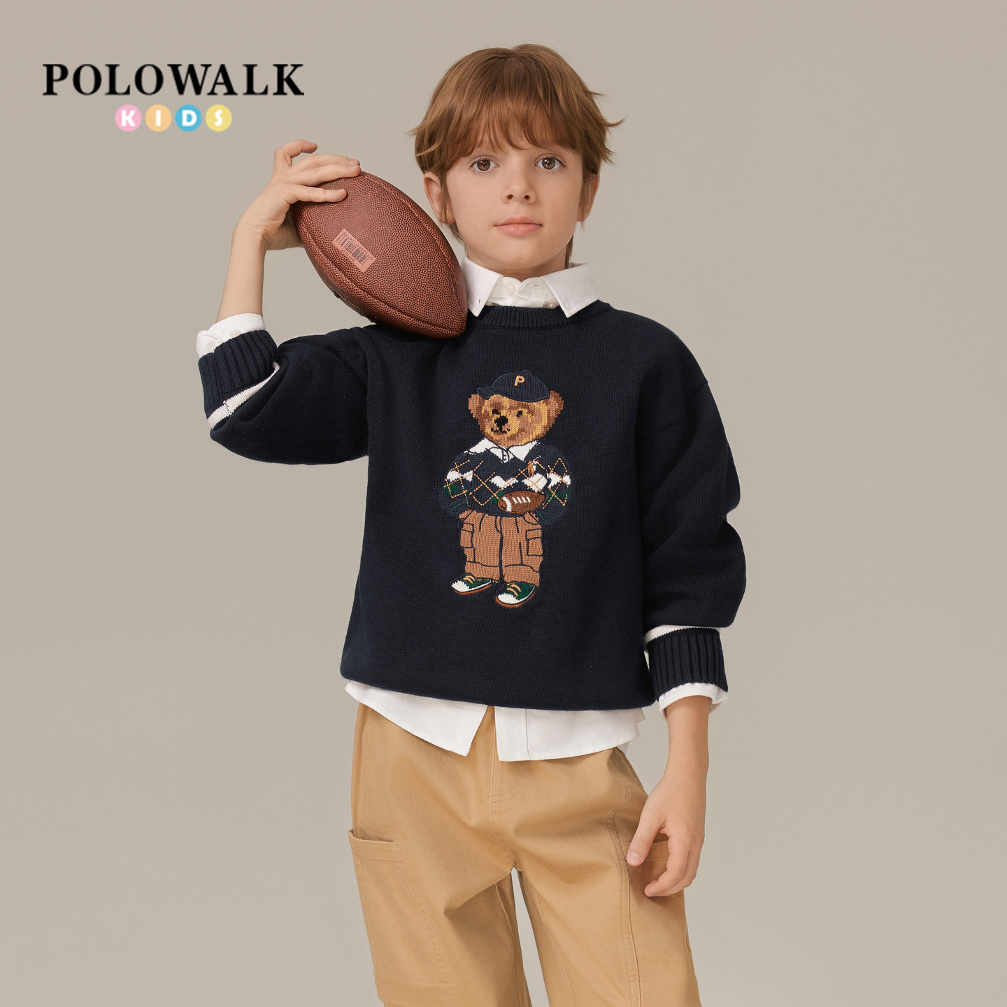【纯棉】POLOWALK童装男童针织衫2025新品卡通小熊撞色圆领针织衫
