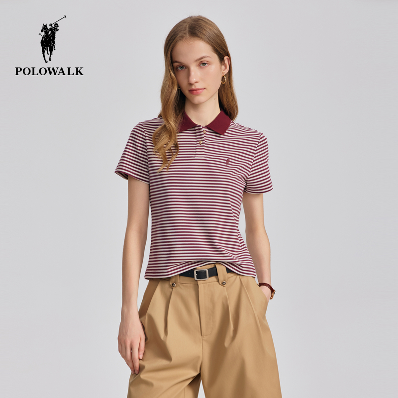 POLOWALK女式短袖POLO衫25夏季新品条纹T恤撞色通勤百搭半袖上衣