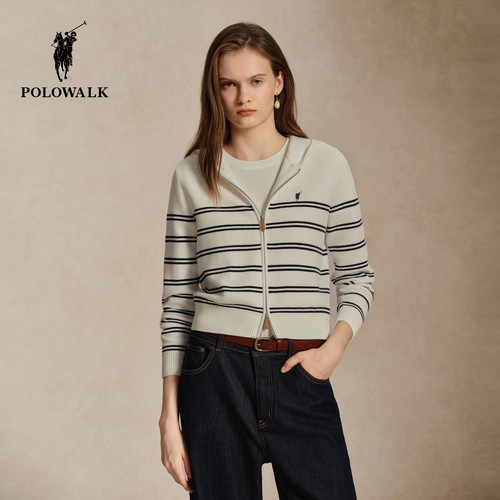 POLOWALK女式长袖针织衫2026秋季新品连帽撞色提花条纹开衫外套