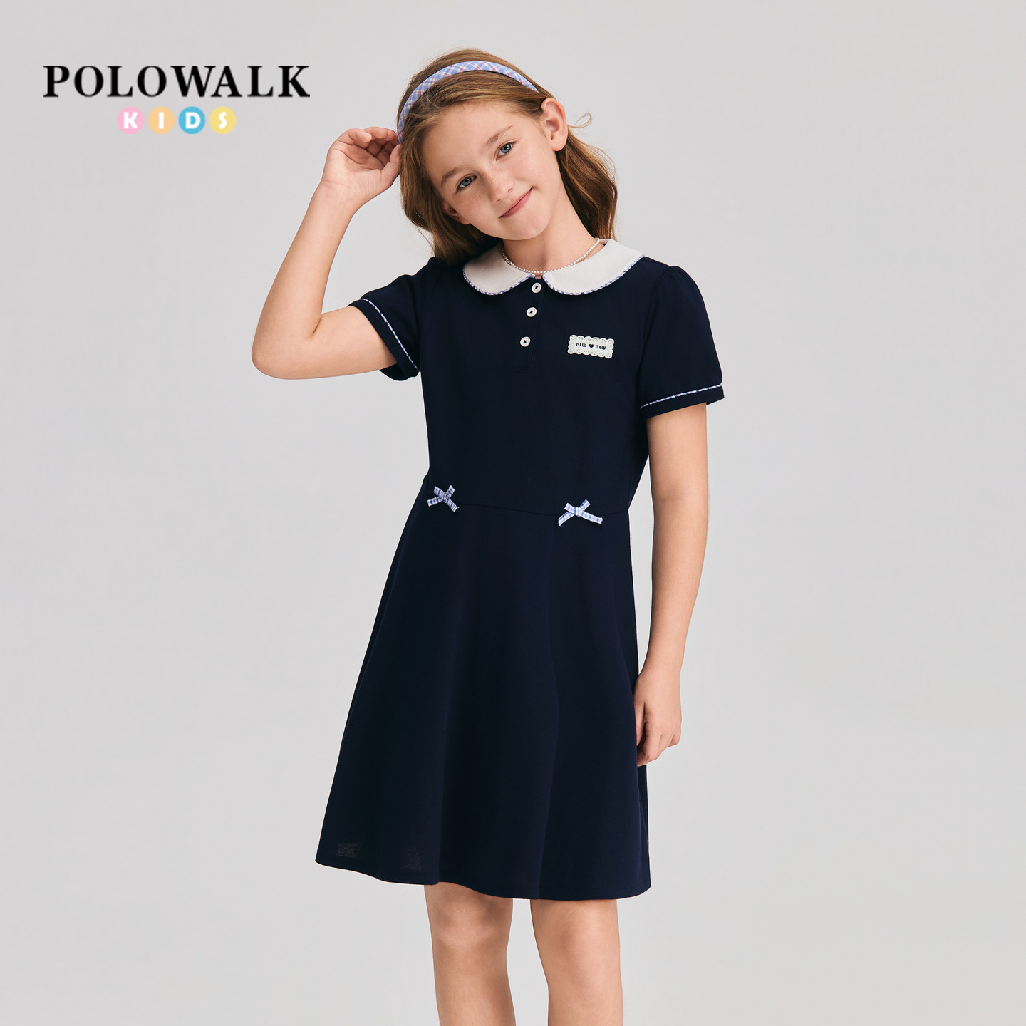 POLOWALK女童短袖连衣裙2026夏季新品唯美娃娃领A摆显瘦连衣裙