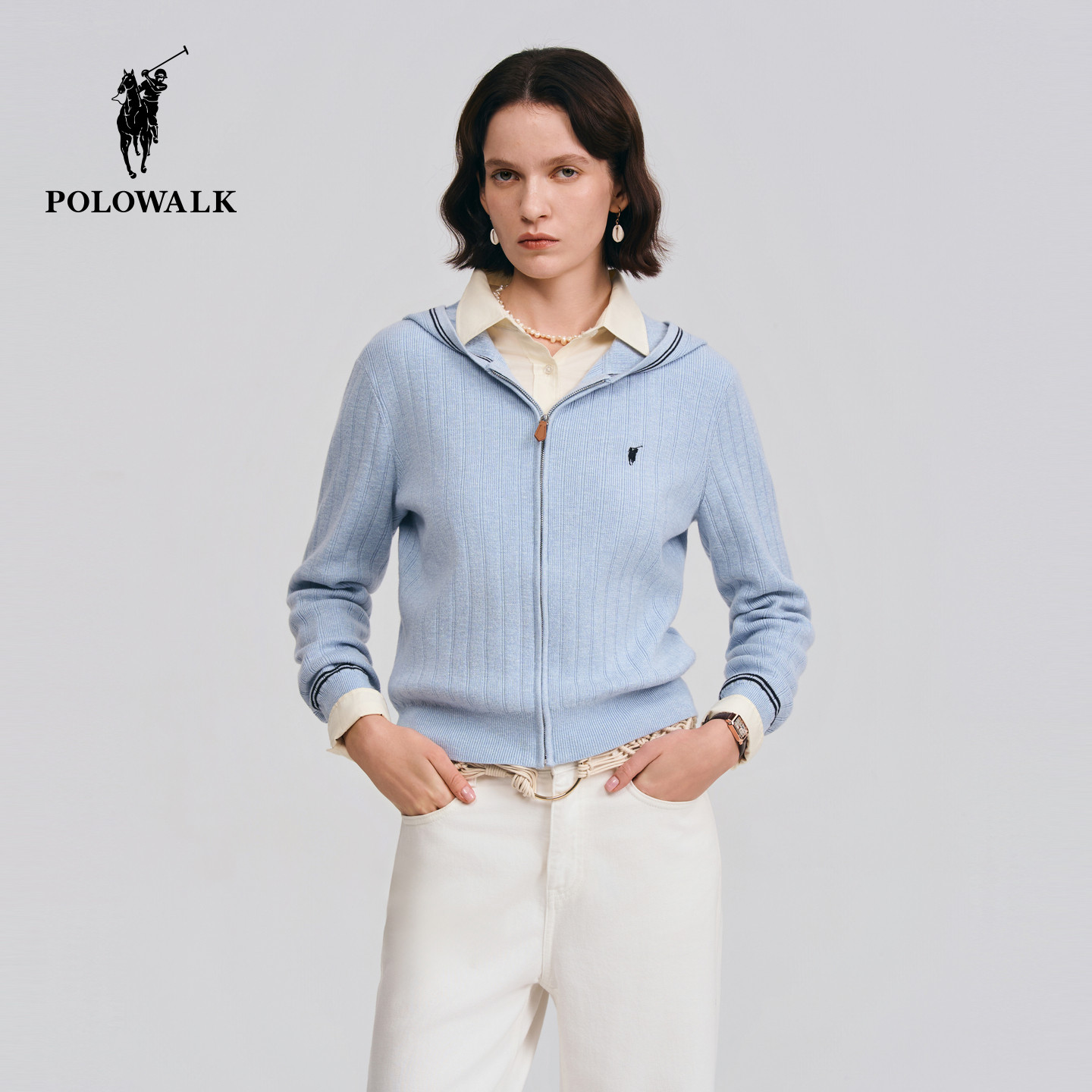 POLOWALK女式长袖针织衫2026春季新品休闲通勤连帽显瘦针