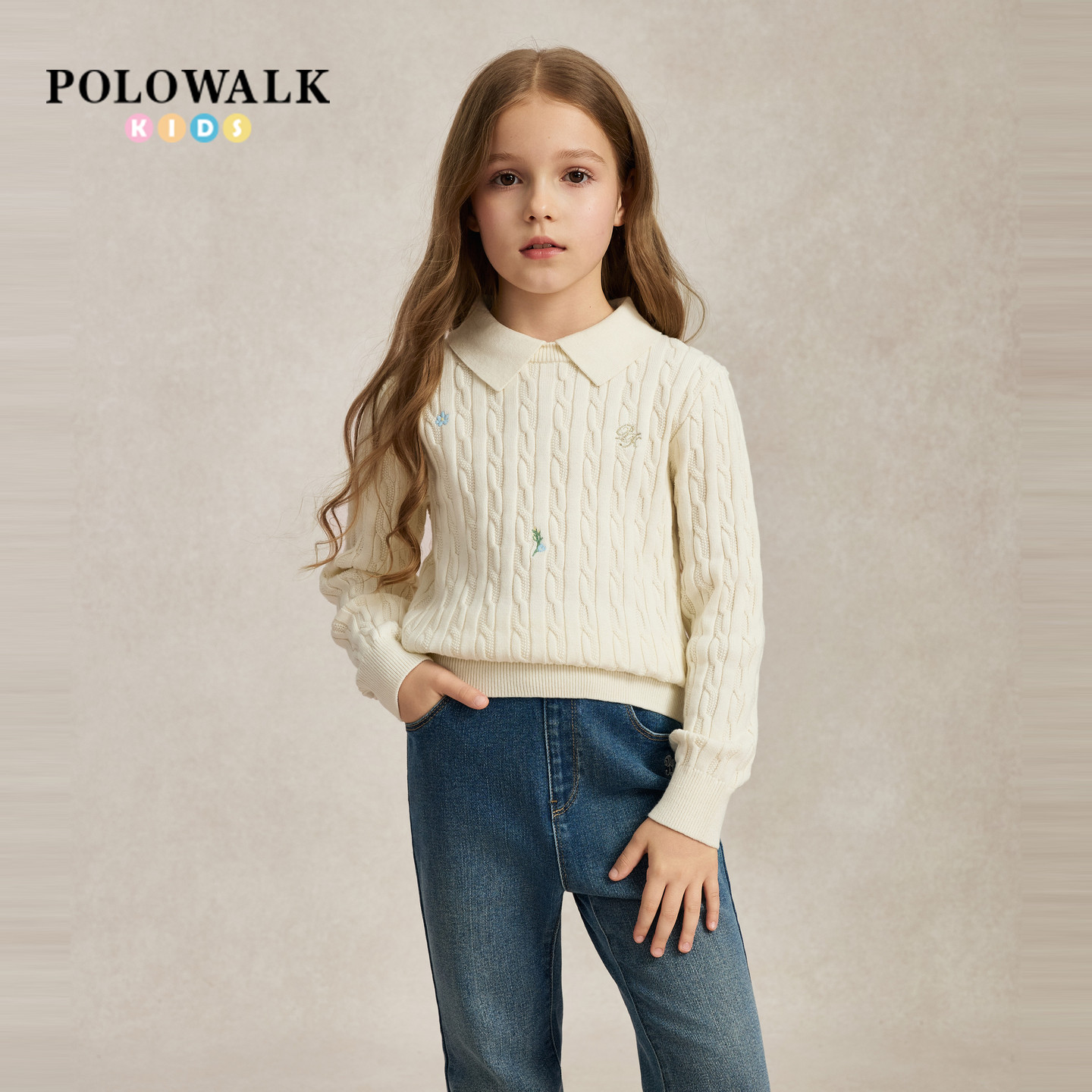 POLOWALK女童线衫2026秋季新品翻领绞花针织衫撞色刺绣套头毛衣
