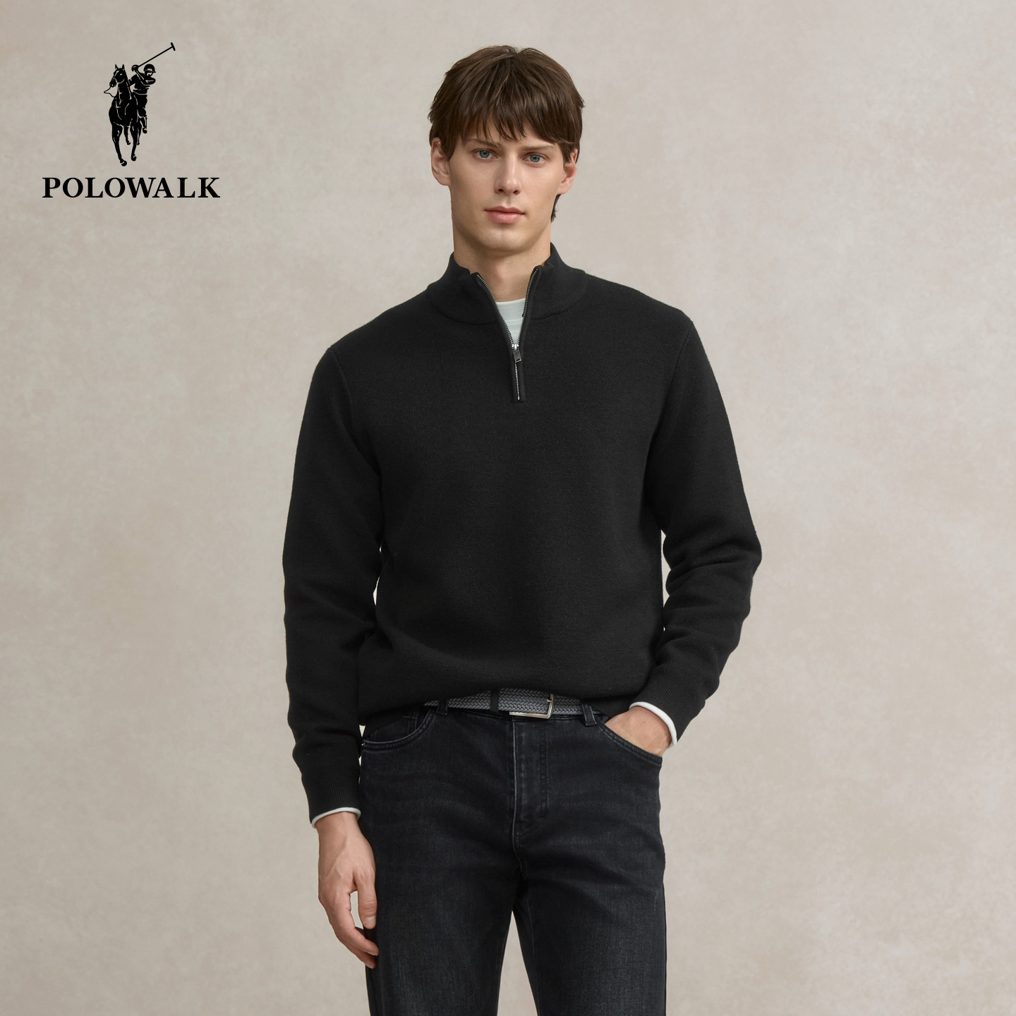 POLOWALK男式针织衫2025冬季新品简约百搭半拉链羊羔绒套头针织衫