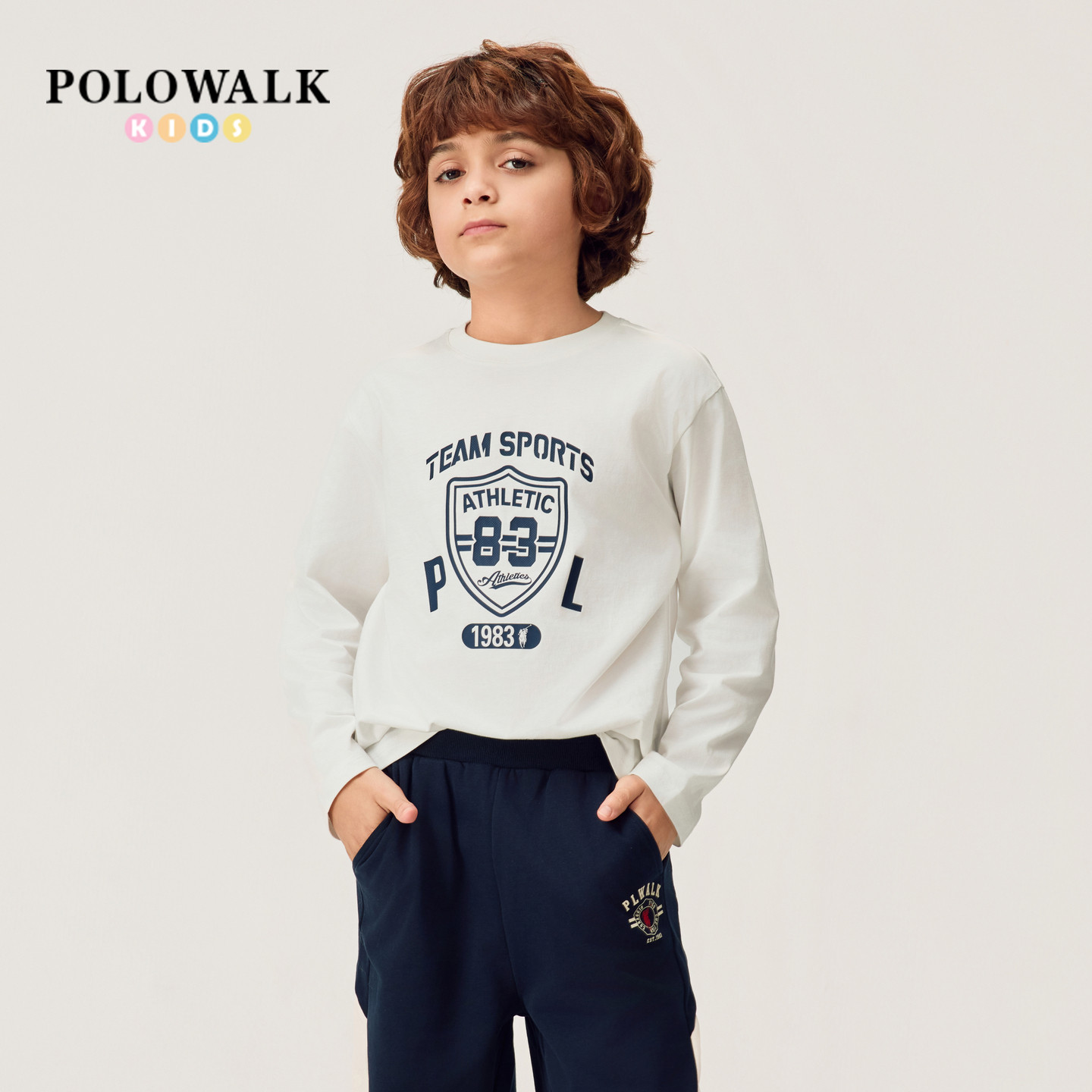 【100%棉】POLOWALK男童长袖T恤2026夏季新品时尚印花童装圆领T恤