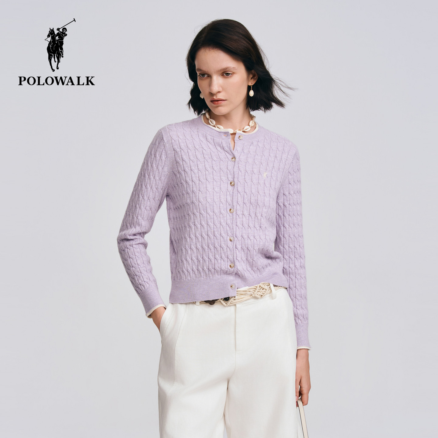 POLOWALK女式长袖针织衫2026春季新品罗纹圆领绞花修身针织开衫